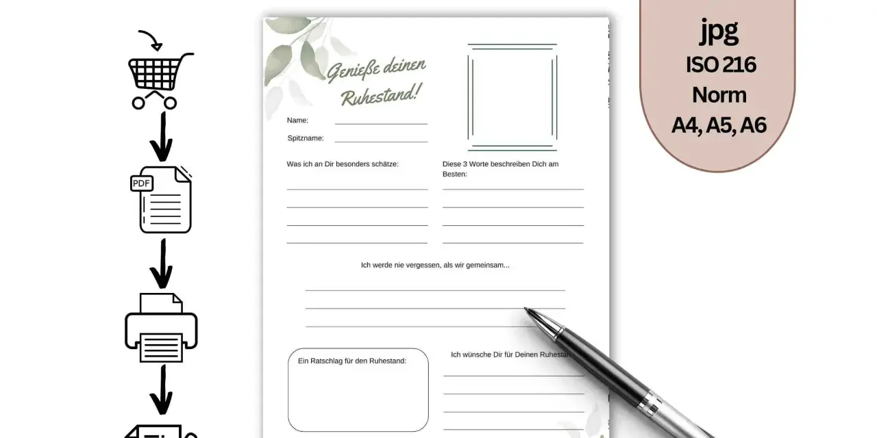 Abschiedsgeschenk zum Ruhestand: Eine freundebuch vorlage zum Ausfüllen mit Feldern für Name, Spitzname, Erinnerungen und Wünsche.