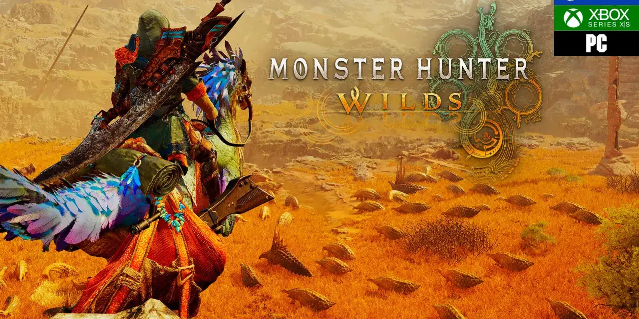 Cazador con armadura colorida y gran espada, montado en una criatura emplumada, en un paisaje desértico con muchas criaturas pequeñas. Monster Hunter Wilds.