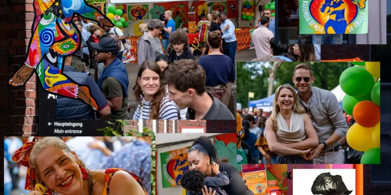 Bunte Kunstfigur und fröhliche Menschen beim **Carnival Berlin**. Ein Mann hält ein Plakat mit der Aufschrift "Danza de Coração".