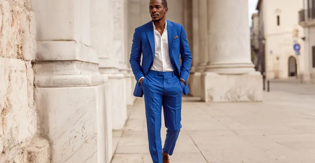 Uomo elegante con abito blu cerimonia, camicia bianca e scarpe marroni. Gli accessori completano il look.