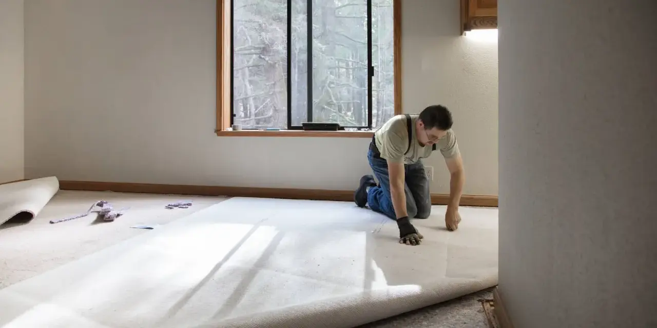 Un hombre instala una moqueta nueva en una habitación vacía. La moqueta es de color crema y se desenrolla por el suelo.