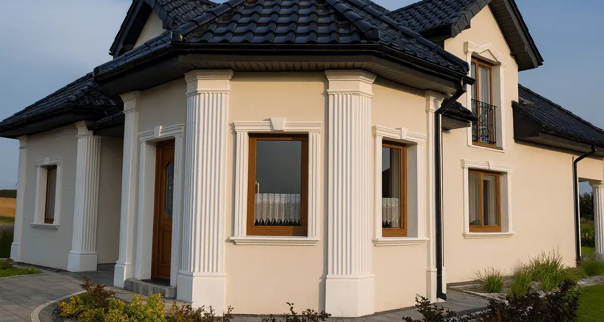 Elegancki dom z jasną elewacją, ozdobiony białymi pilastrami, co to za piękna architektura!