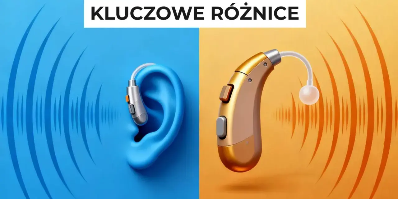 Grafika porównująca implant ślimakowy w uchu z aparatem słuchowym.