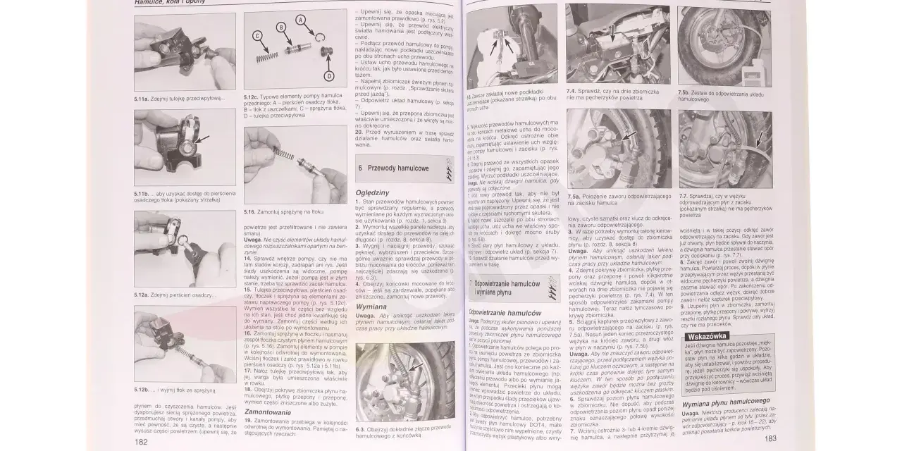 Sprawdzanie ciśnienia w oponach skutera 50ccm jest kluczowe dla bezpieczeństwa. Na ilustracji widzimy elementy układu hamulcowego.