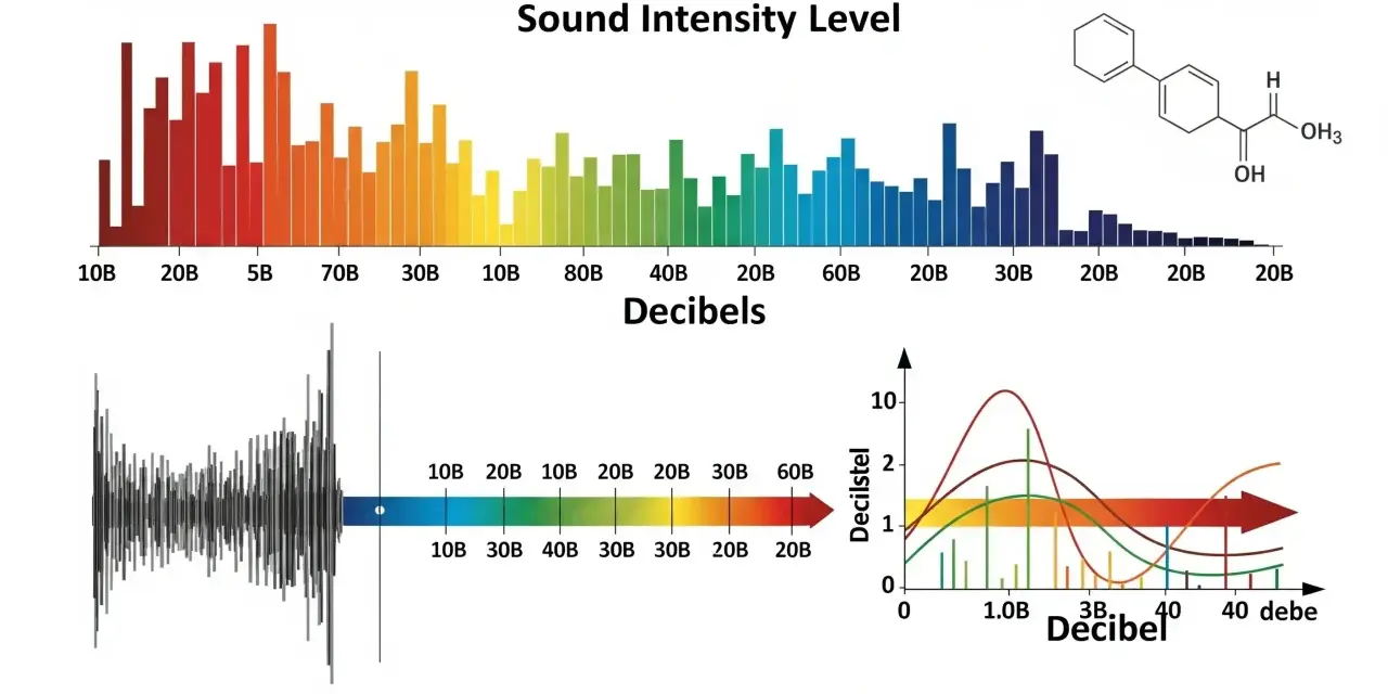 Graphiques illustrant le niveau d'intensité sonore, avec une échelle de seuil décibel colorée et des courbes représentant des variations.