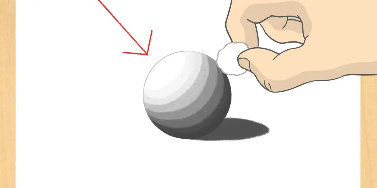 Ilustración de cómo dibujar una esfera con sombreado. Una mano difumina el sombreado con un algodón. Flecha roja indica la fuente de luz.