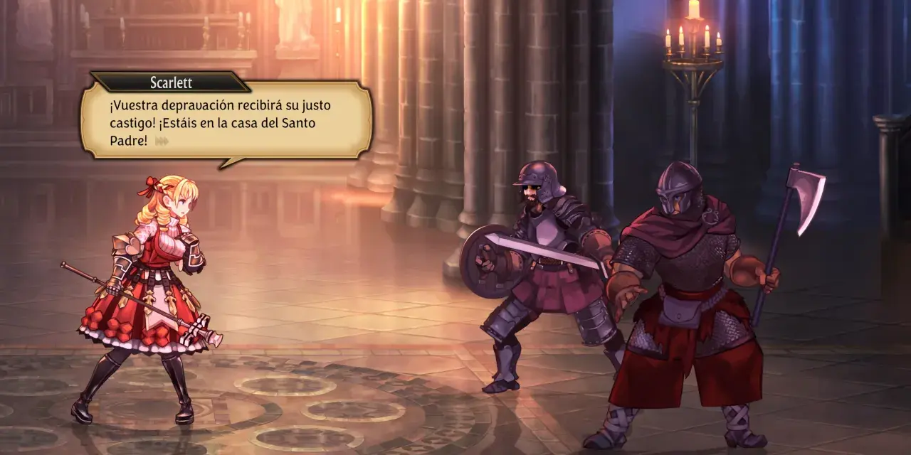 Scarlett, en el mundo de Unicorn Overlord, se enfrenta a dos guardias en una catedral.