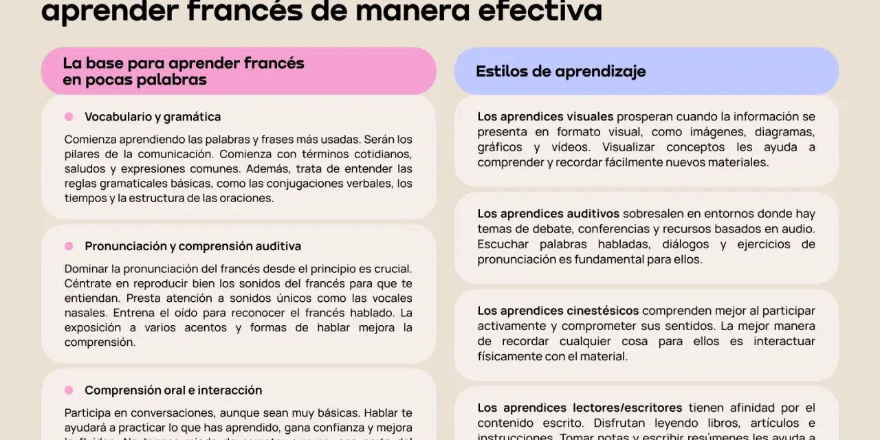 Consejos para aprender francés: vocabulario, pronunciación, comprensión y estilos de aprendizaje. Aprender palabras típicas en francés es clave.