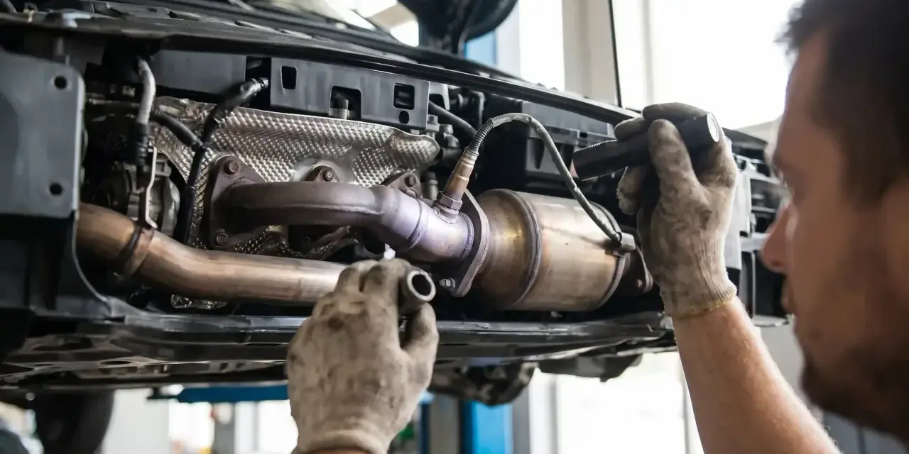 Mechanik w rękawicach sprawdza katalizator p0420. Podwozie samochodu jest podniesione, widać elementy układu wydechowego.