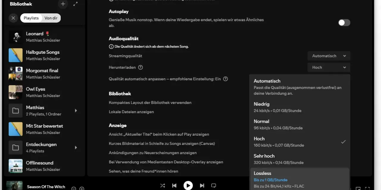 Spotify-Einstellungen zeigen Optionen für die spotify music quality, von niedrig bis verlustfrei.