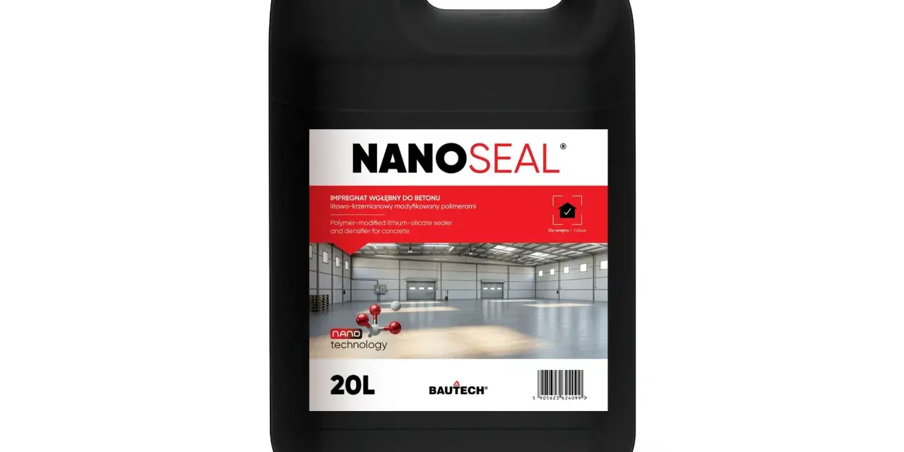 Czarny kanister z preparatem NANOSEAL do impregnacji betonu. Produkt zapewnia ochronę i wzmocnienie posadzek przemysłowych.