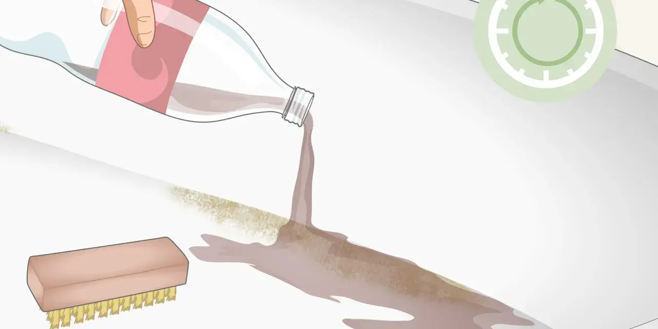 Aplicando líquido de una botella para quitar el óxido de la bañera, junto a un cepillo.