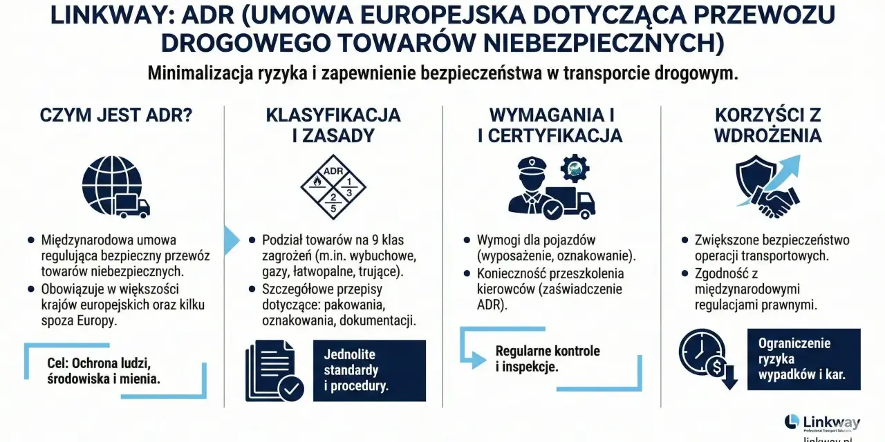 Kluczowe informacje o klasach ADR: międzynarodowa umowa, podział na 9 klas zagrożeń, wymogi dla pojazdów i kierowców, korzyści z wdrożenia.