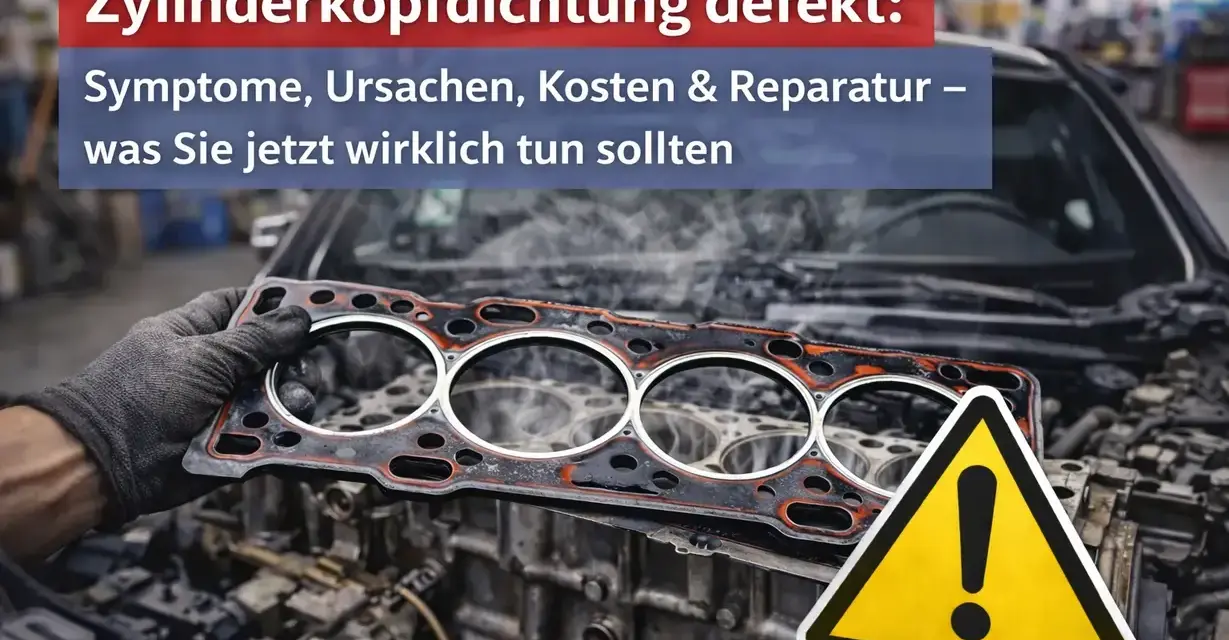 Defekte Zylinderkopfdichtung: Ein Mechaniker hält die alte Dichtung. Informieren Sie sich über Symptome, Ursachen und die Kosten für den Zylinderkopfdichtung wechseln.