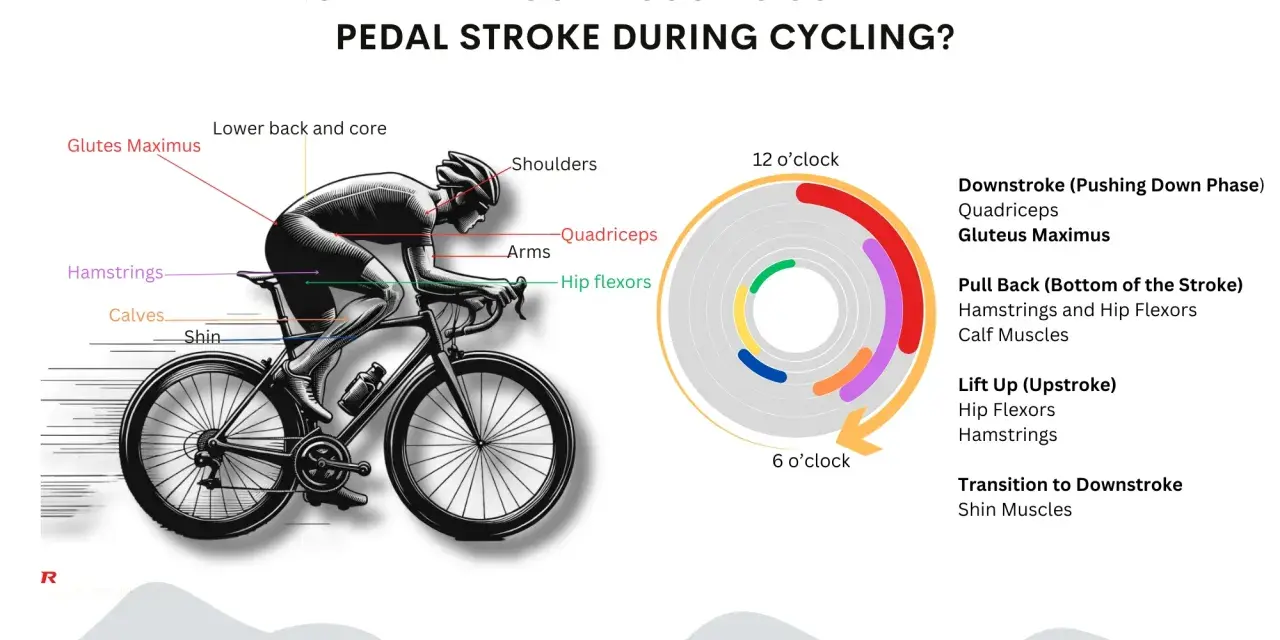 Diagram showing what muscles bike riding works: glutes, hamstrings, calves, shin, lower back, core, shoulders, arms, hip flexors, and quadriceps.