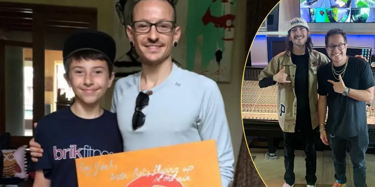 Draven Sebastian Bennington z fanem, a obok niego dwaj muzycy w studiu nagraniowym.