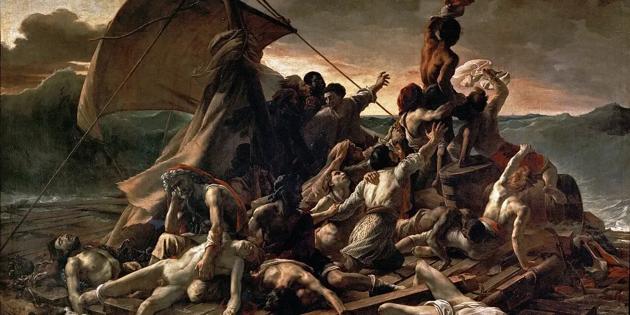 La balsa de la medusa: náufragos desesperados luchan por sobrevivir en un mar embravecido. Un comentario sobre la fragilidad humana y la esperanza.