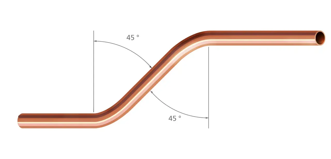 Illustration montrant comment cintrer un tube cuivre à 45 degrés. Le tube est courbé en deux sections distinctes.