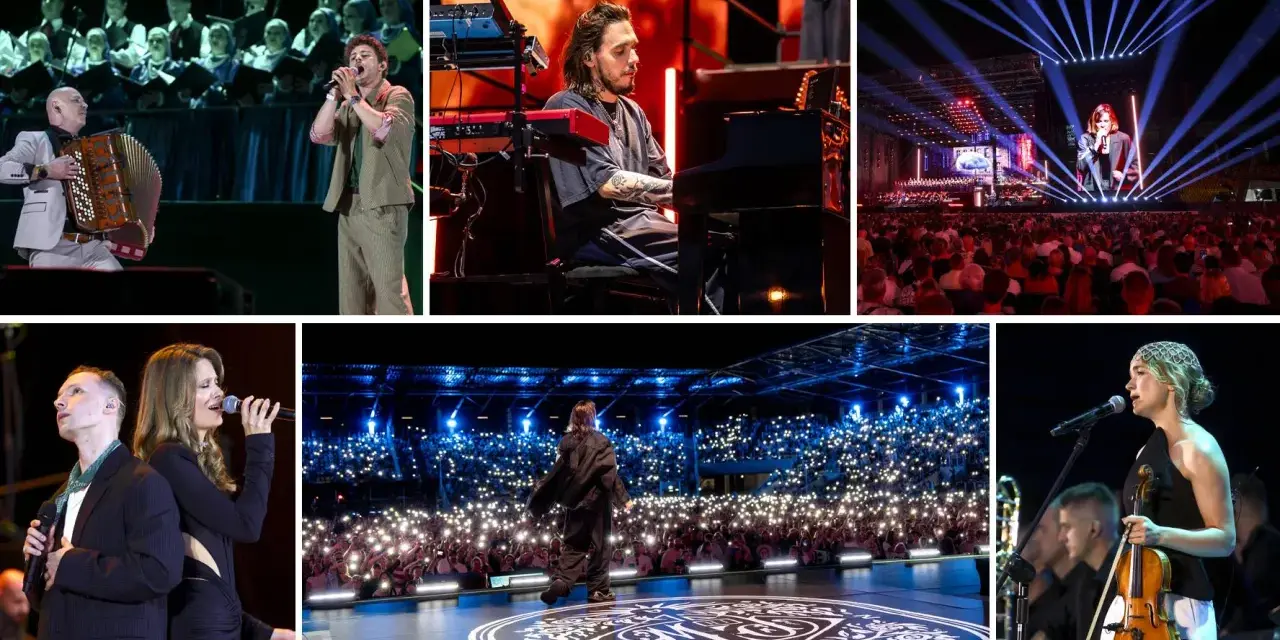 Wielki koncert pieśni współczesne: artyści na scenie, chór, publiczność z telefonami, pianista, akordeonista i skrzypaczka.