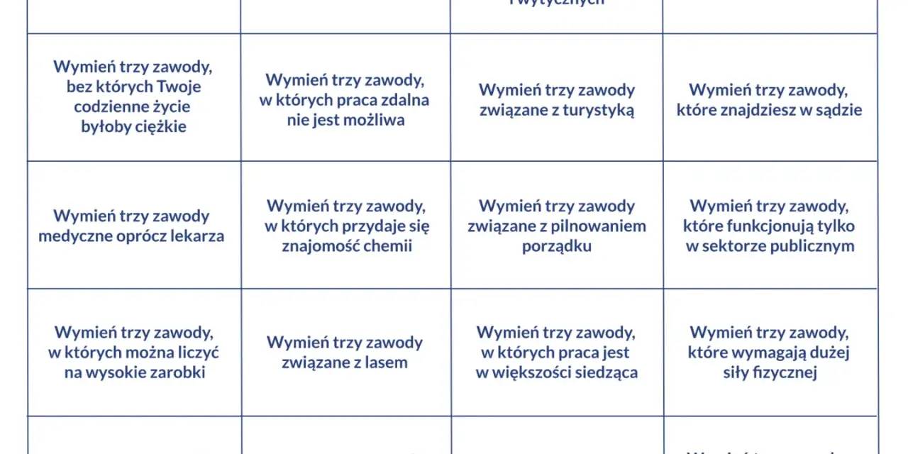 Tabela z kategoriami zawodów, np. "Wymień trzy zawody, które znajdziesz w hotelu" lub "Wymień trzy zawody, które wymagają dużej siły fizycznej".