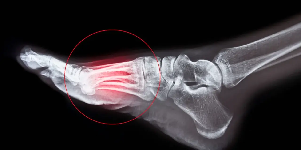 Radiographie du pied montrant une fracture de fatigue métatarsienne, avec une zone rouge indiquant la douleur. Le temps de guérison est essentiel.