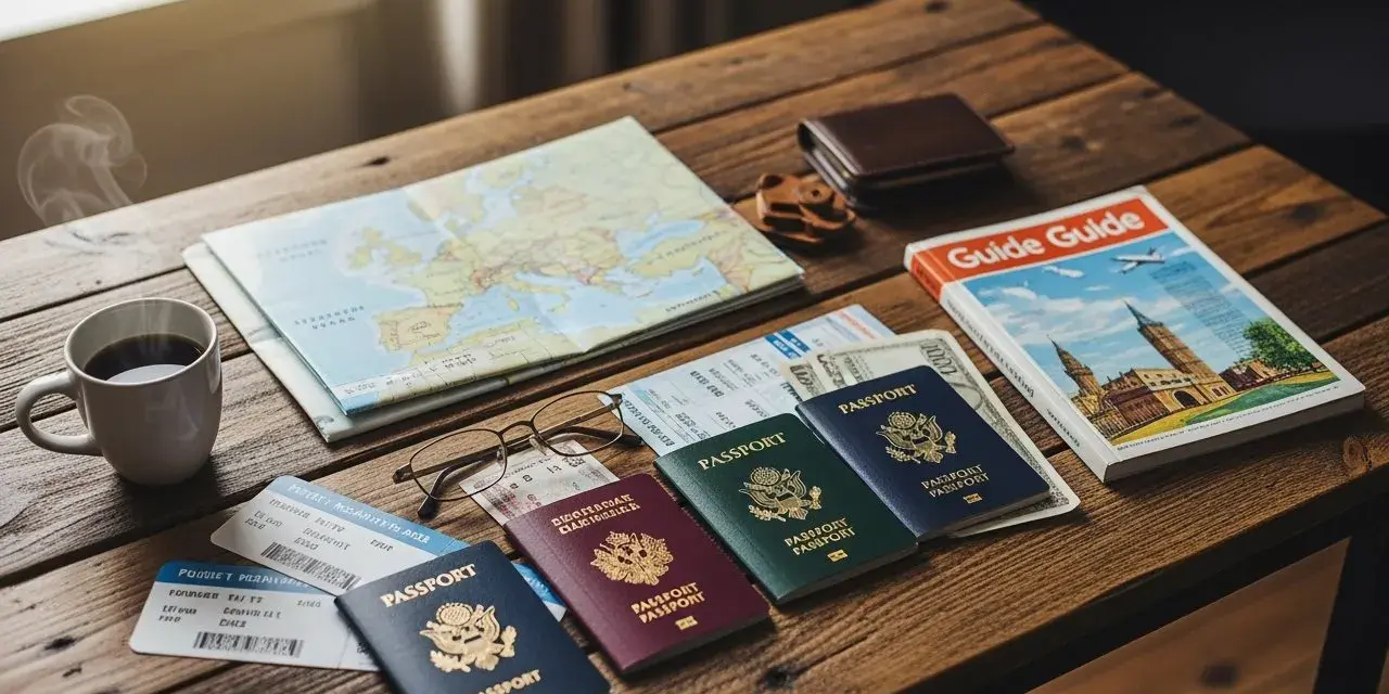 Passeports, billets d'avion, carte, guide et tasse de café sur une table en bois.