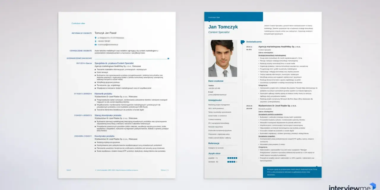 CV do druku: Jan Tomczyk, Content Specialist, z 6-letnim doświadczeniem w marketingu, tworzeniu strategii komunikacji i weryfikacji treści.