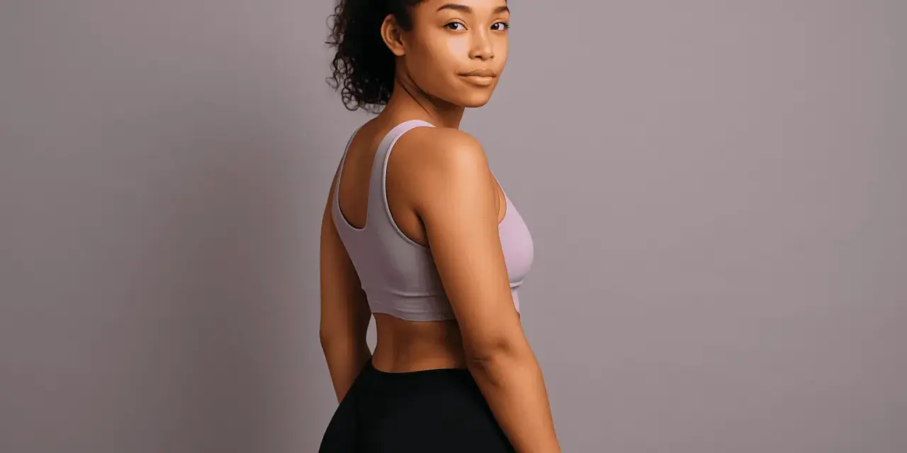 Mujer joven con cabello rizado y top deportivo lila, mostrando sus caderas y la curva natural de sus **hip dips**.