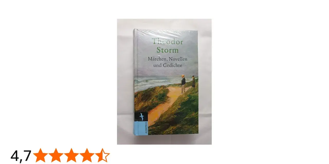 Buchcover von Theodor Storms "Märchen, Novellen und Gedichte" mit Küstenlandschaft und zwei Figuren.
