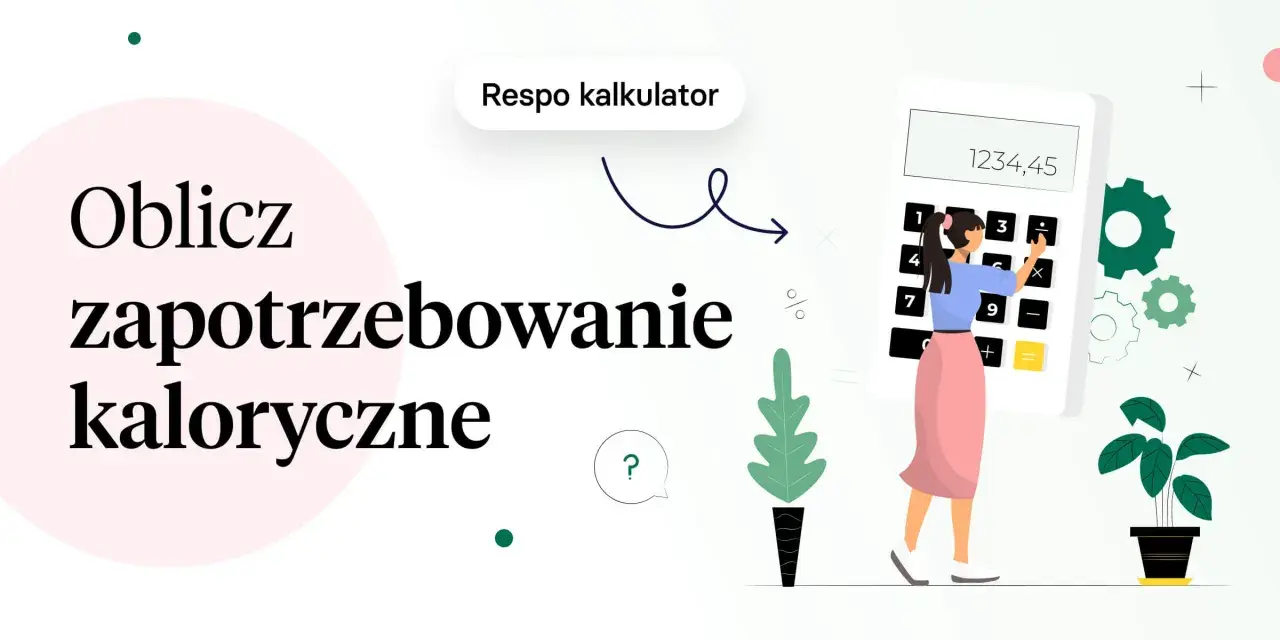 Jak obliczyć zapotrzebowanie kaloryczne? Kobieta z kalkulatorem i ikonami sugeruje łatwe rozwiązanie.