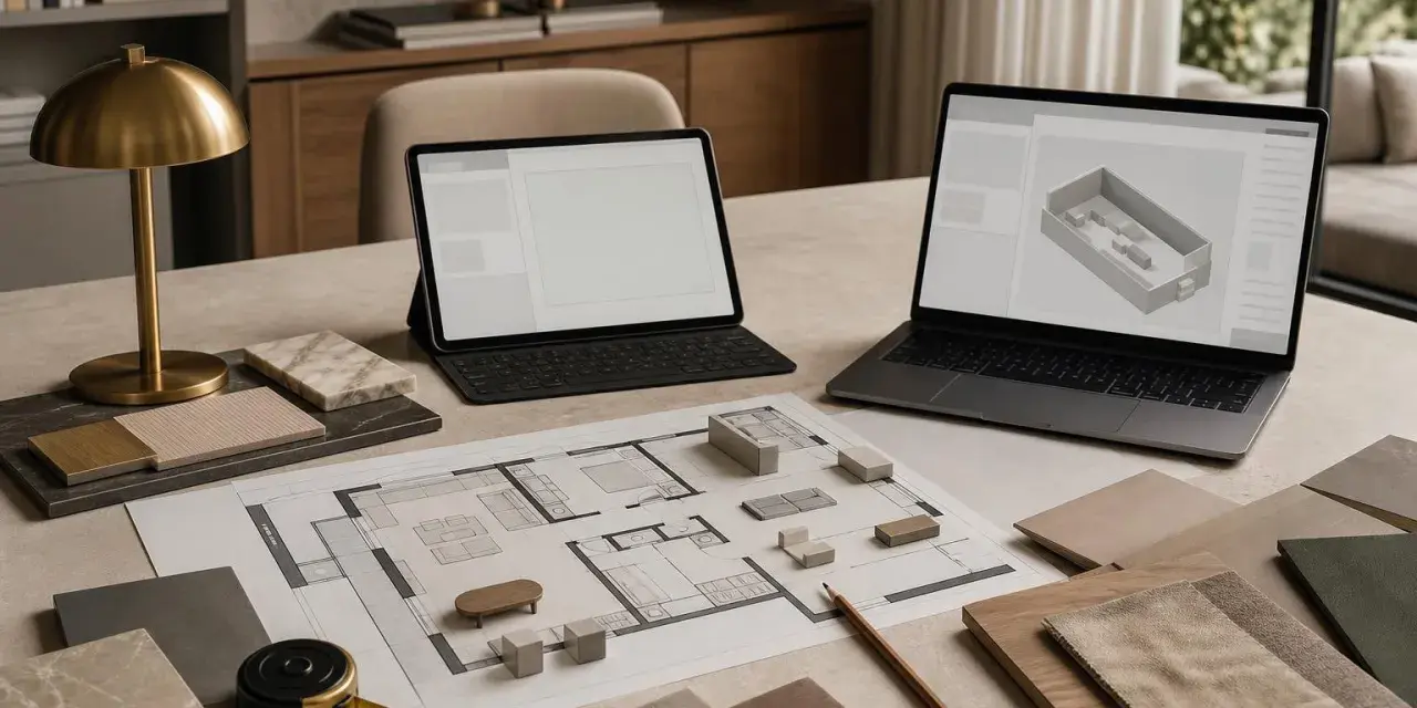 Na stole leży plan mieszkania, próbki materiałów i dwa laptopy z otwartą aplikacją do projektowania wnętrz.