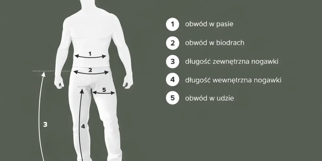 Ilustracja pokazuje, jak zmierzyć wymiary spodni: obwód w pasie, biodrach, udzie oraz długość zewnętrzną i wewnętrzną nogawki.