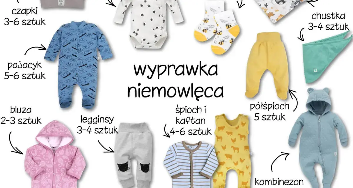 Ile ubranek dla noworodka? Wyprawka niemowlęca: czapki, body, pajacyki, bluzy, legginsy, śpiochy, półśpiochy, kombinezon, skarpetki, pieluszki, chustka.