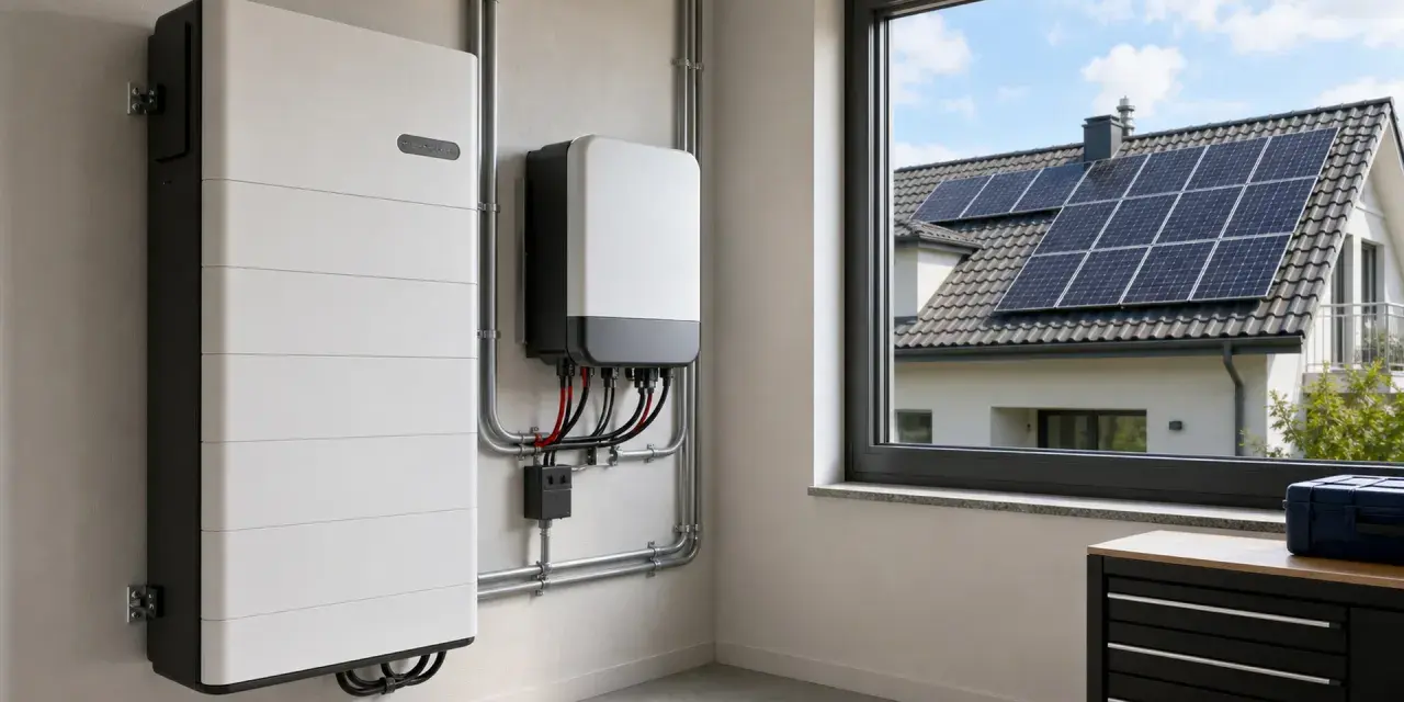 Nowoczesny magazyn energii i falownik, gotowe do instalacji najlepszej fotowoltaiki. Za oknem widać dom z panelami słonecznymi na dachu.