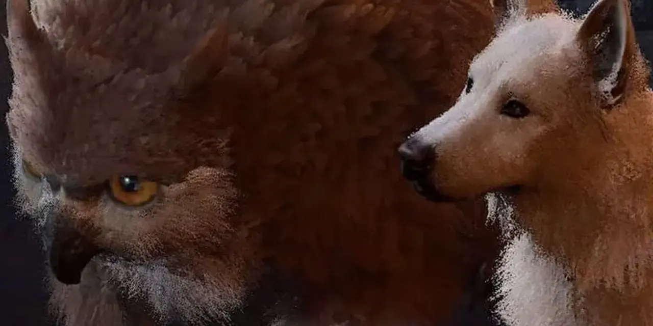Un oso lechuza de BG3 con pelaje marrón y ojos amarillos intensos, junto a un lobo blanco y marrón.