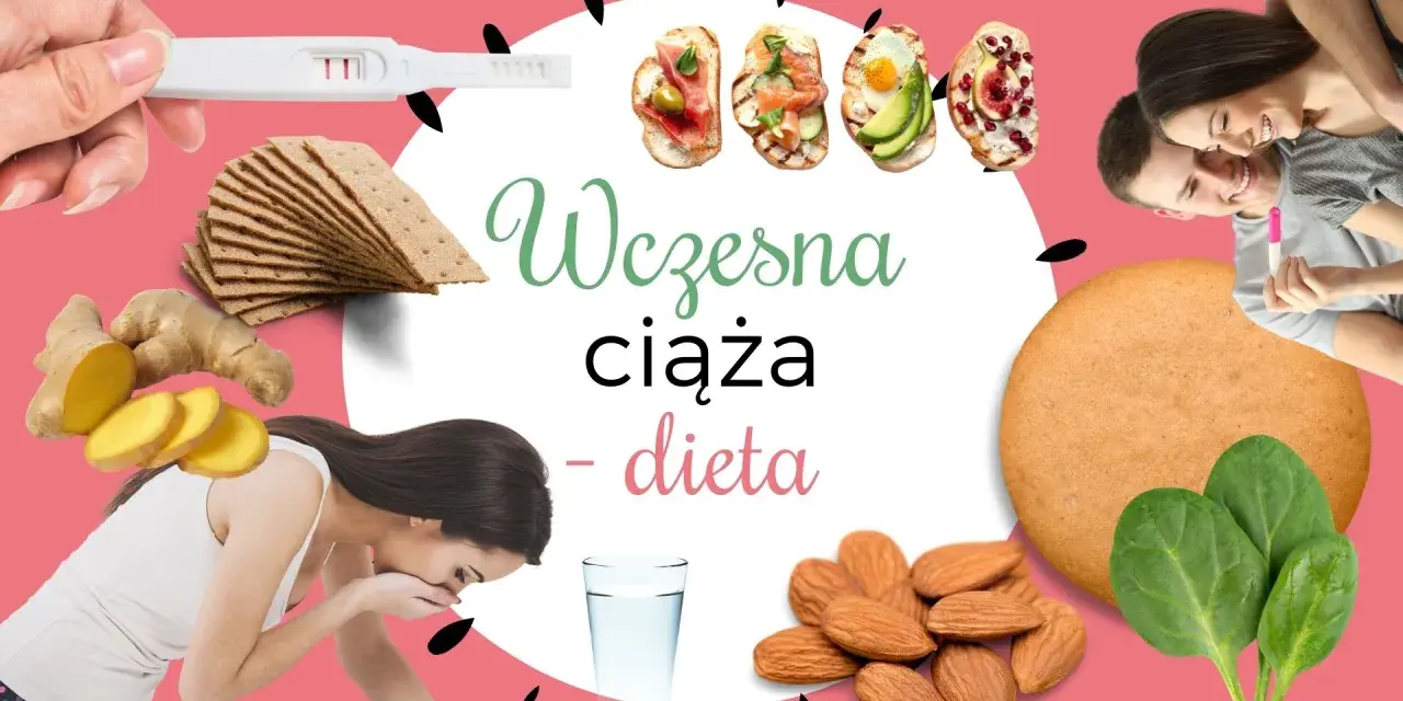 Wczesna ciąża - dieta: test ciążowy, imbir, chrupki, przekąski, migdały, szpinak, para z pozytywnym testem.