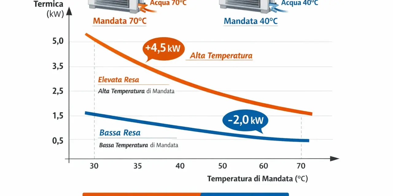 Grafico mostra la potenza termica dei radiatori fan coil a diverse temperature di mandata. Alta temperatura (70°C) offre resa elevata, bassa temperatura (40°C) resa bassa.