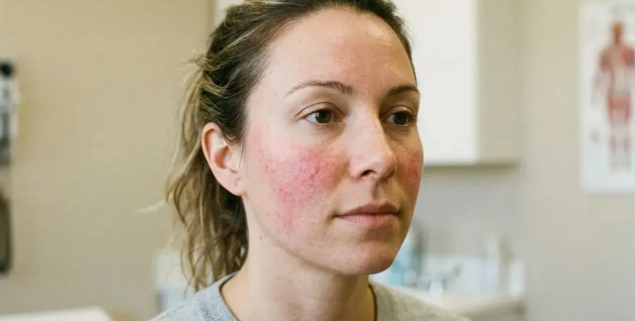 Femme avec rougeurs sur les joues, signe d'une barrière cutanée fragilisée.