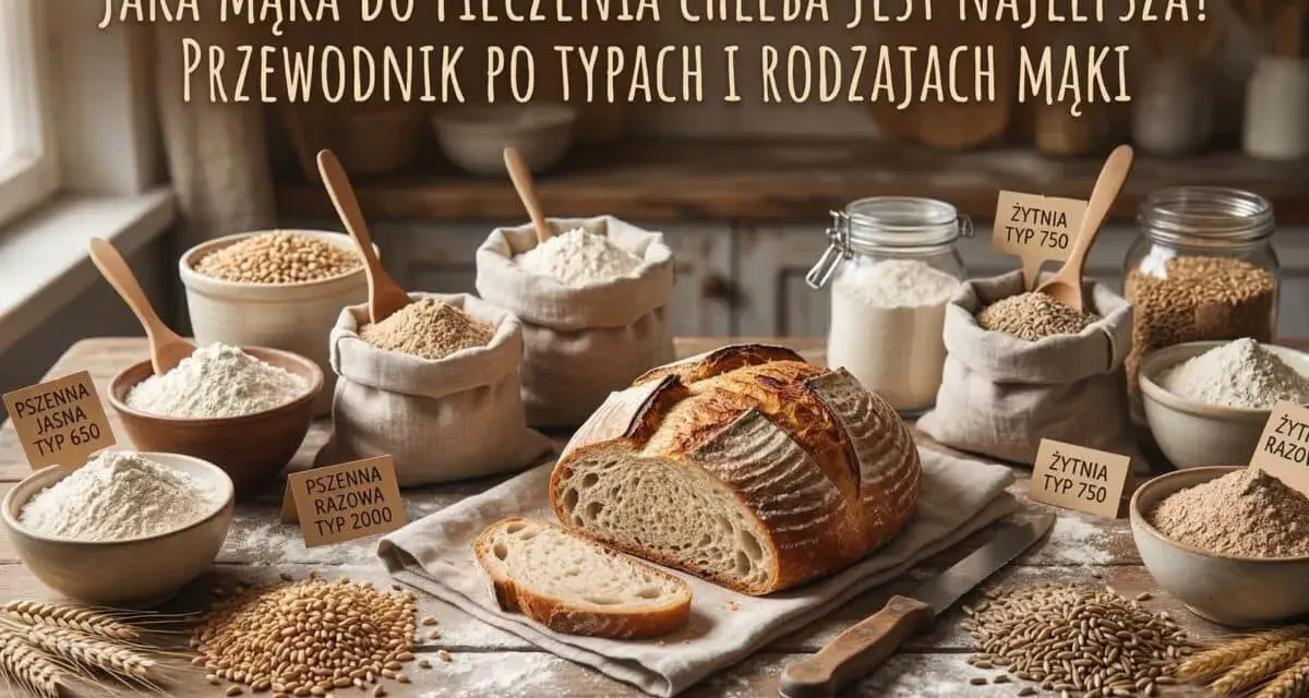 Chleb na stole, obok różne rodzaje mąki: pszenna, żytnia. Jaka mąka do chleba jest najlepsza? Przewodnik po typach i rodzajach mąki.