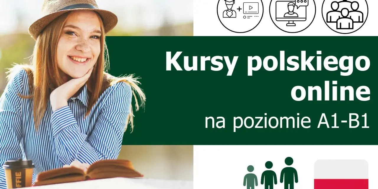 Uśmiechnięta dziewczyna w słomkowym kapeluszu i koszuli w paski, z książką i kawą. Obok napisy "Kursy polskiego online" i ikony symbolizujące naukę. Darmowy kurs języka polskiego dla obcokrajowców online.