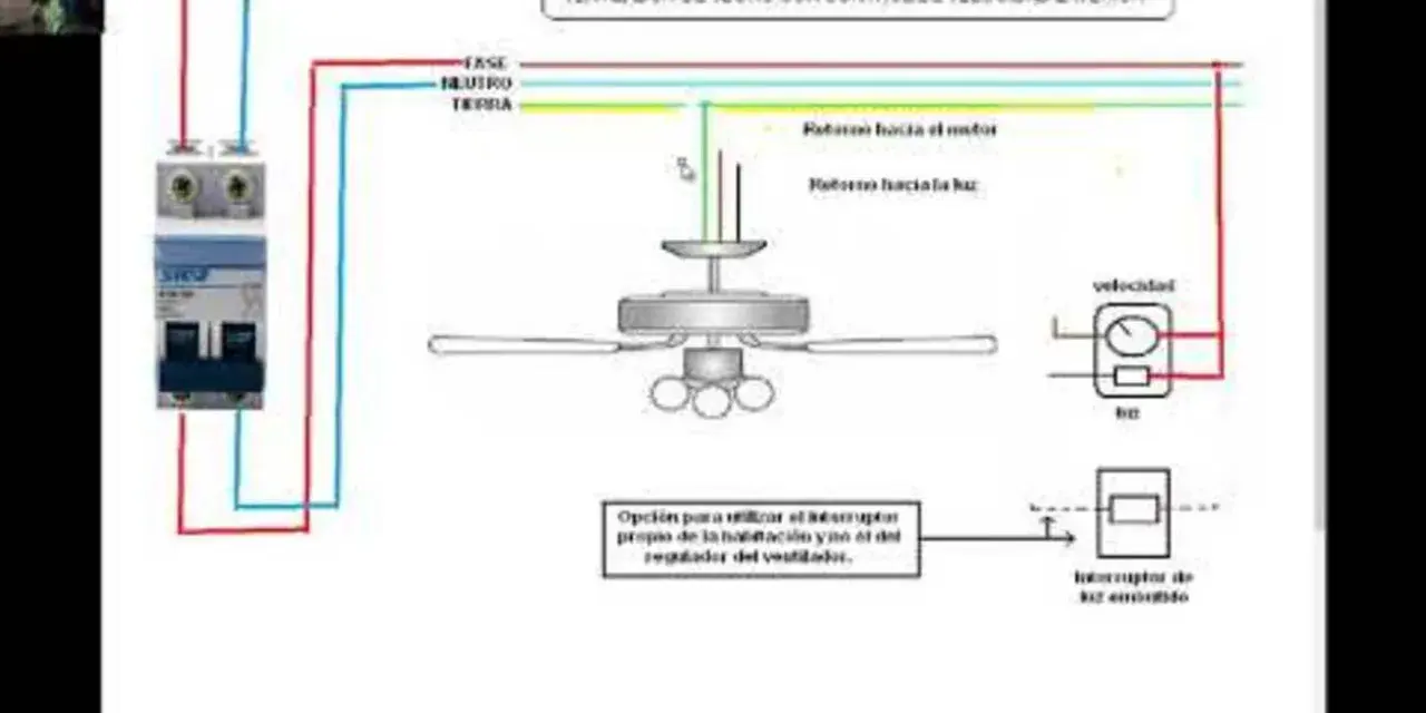 Diagrama eléctrico para conectar cables de un interruptor doble a un ventilador de techo con control de velocidad exterior.