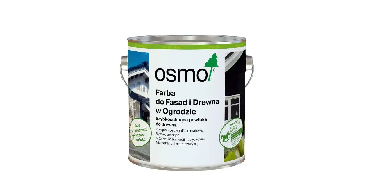 Jaka farba do drewna na zewnątrz? Puszka farby Osmo do fasad i drewna w ogrodzie, szybkoschnąca, jedwabiście matowa, bezpieczna dla ludzi i zwierząt.