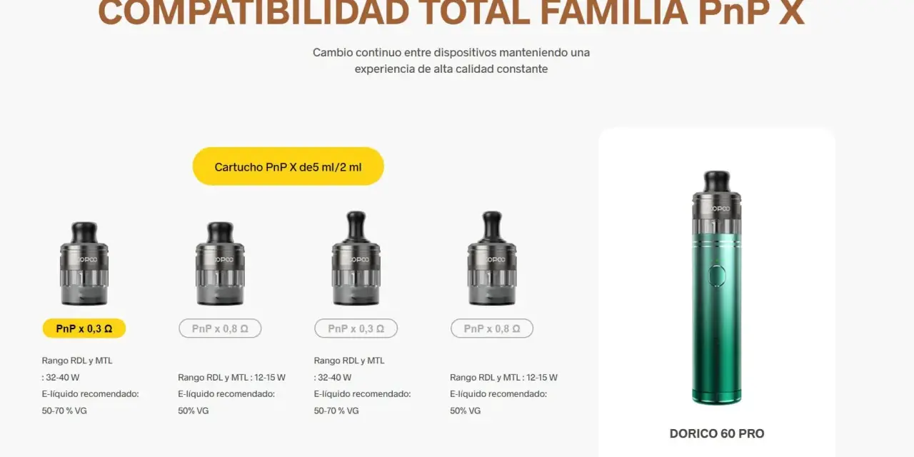 El dispositivo **Doric** 60 Pro y sus cartuchos PnP X, con diferentes resistencias y rangos de potencia, ofrecen una experiencia de vapeo versátil.