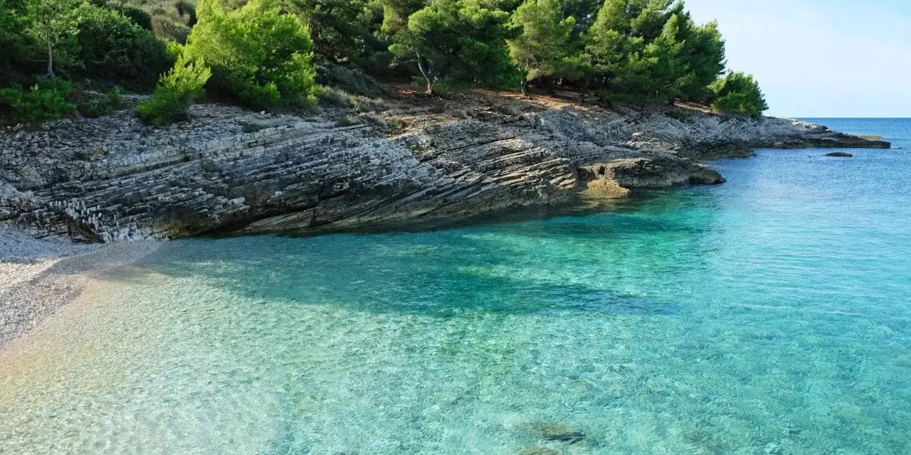Kamienista plaża i turkusowa woda w Medulin Chorwacja. Skaliste wybrzeże porośnięte sosnami.