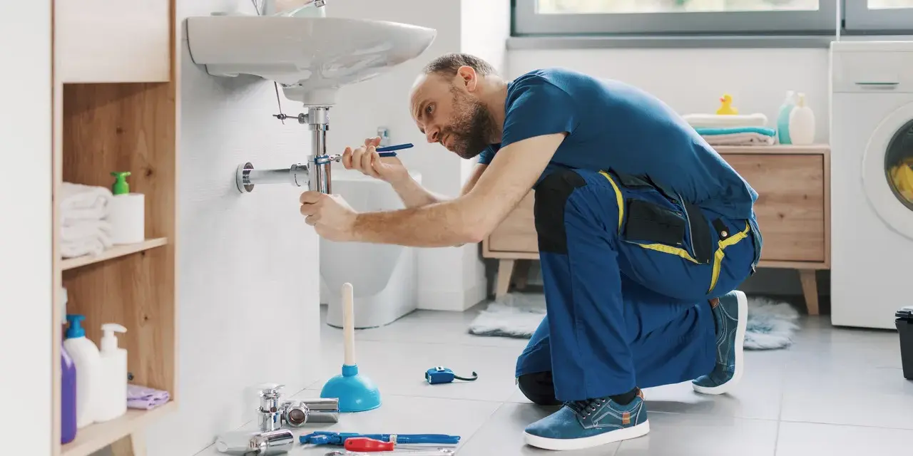 Instalator klęczy przy umywalce, pokazując, jak wymienić kran. Narzędzia i części są rozłożone na podłodze.