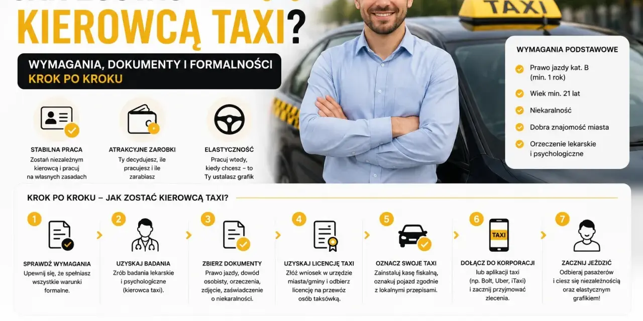 Chcesz zostać kierowcą taxi? Dowiedz się, jakie wymagania, dokumenty i formalności są potrzebne, by zacząć pracę.