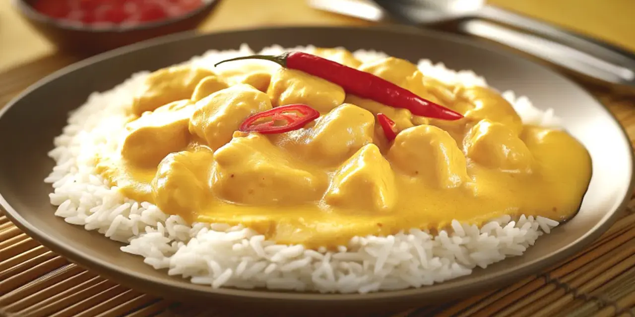 Straccetti di pollo al curry su un letto di riso bianco, guarniti con peperoncino rosso fresco. Un piatto invitante e saporito.