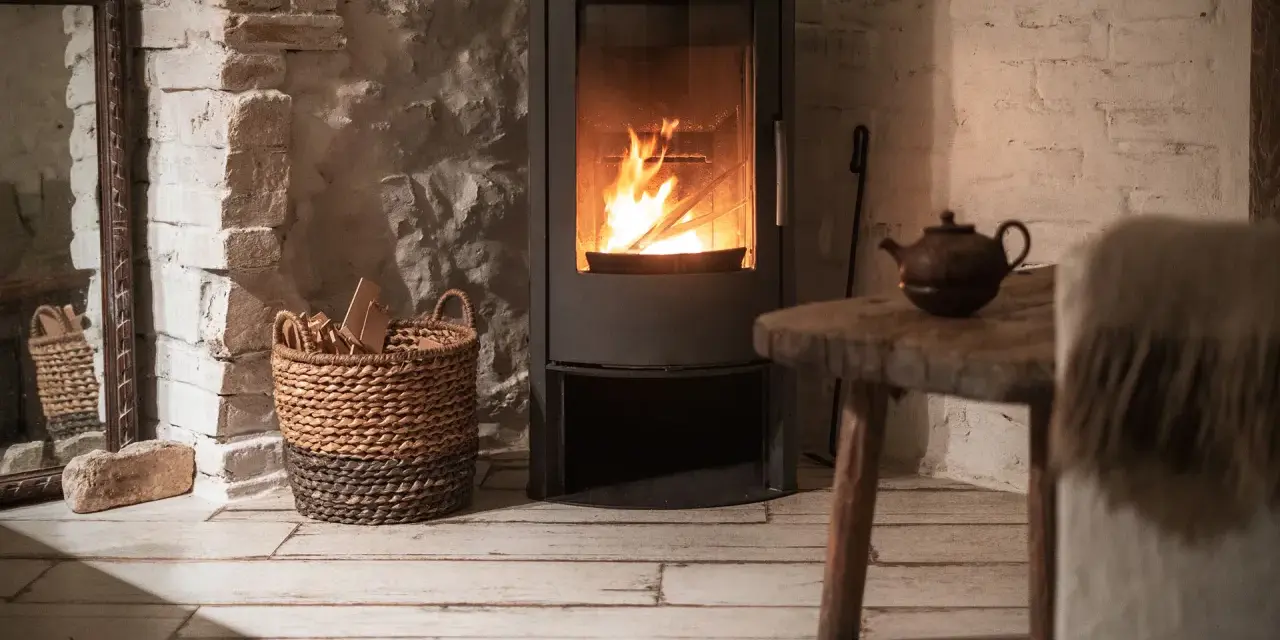 Stufa a pellet senza presa d'aria, con fiamme vive, accanto a un cesto di legna e un tavolino rustico.