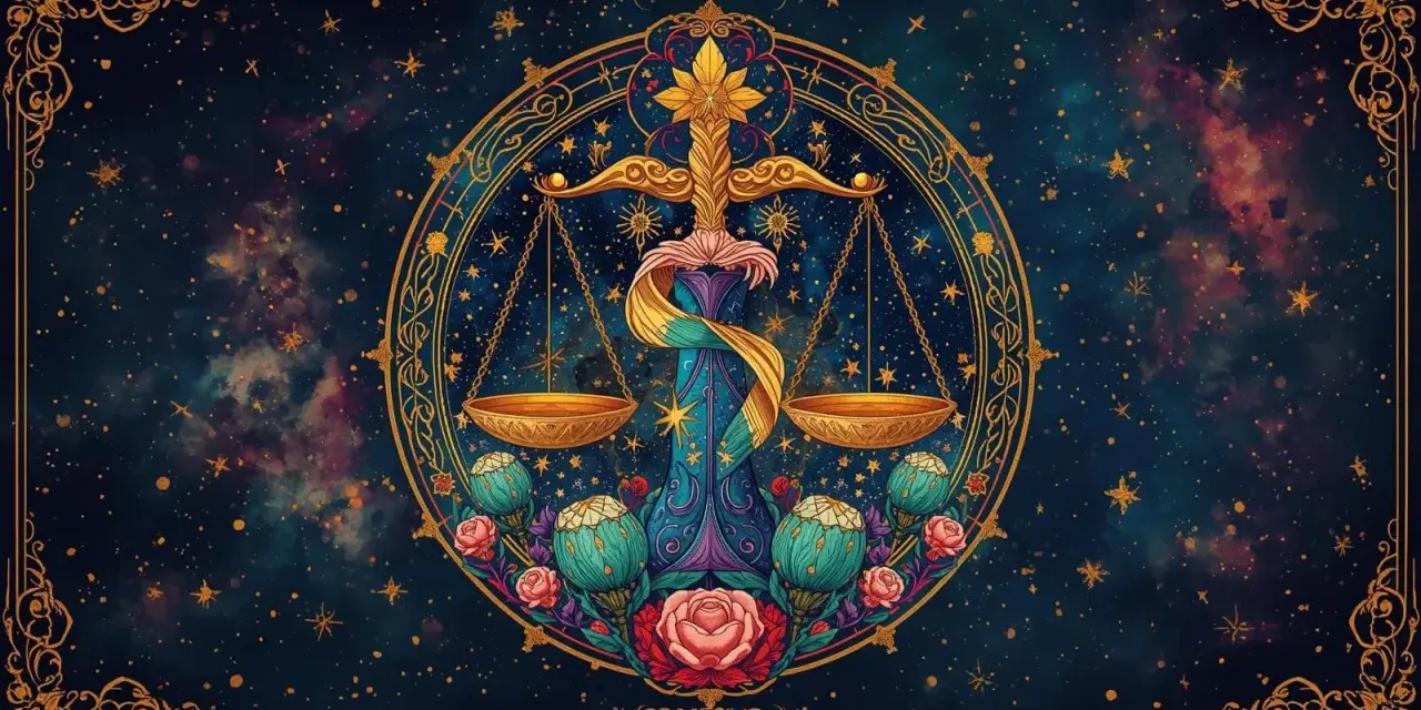 Złota waga na tle kosmosu, symbolizująca horoskop dzienny Waga. Kwiaty i gwiazdy tworzą magiczną oprawę.
