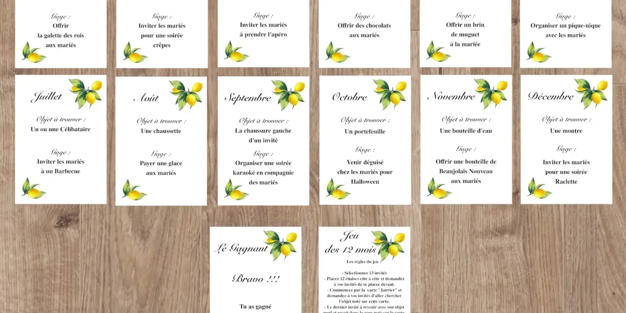 Cartes de jeu "Les 12 mois" avec des citrons, proposant des objets à trouver et des gages pour chaque mois. Un gage jeux des 12 mois à imprimer gratuit pour animer une fête.